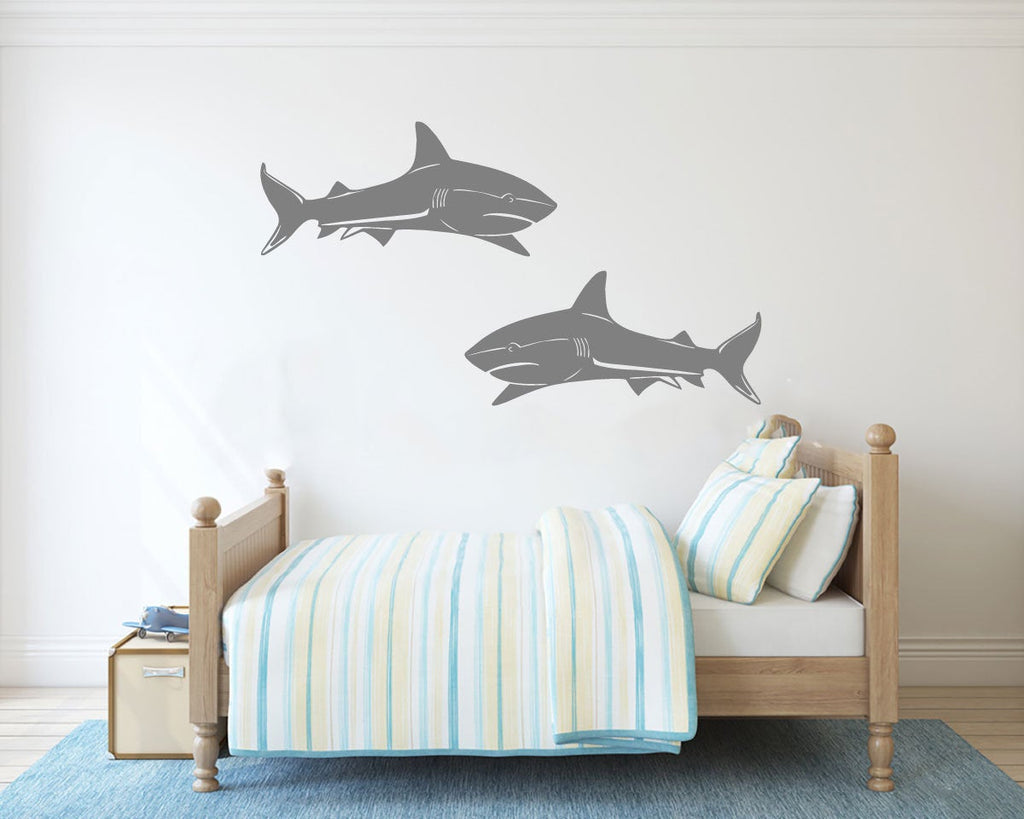 Great White Sharks Pair Silhouette Vinyl Home Decor Wall Decal 