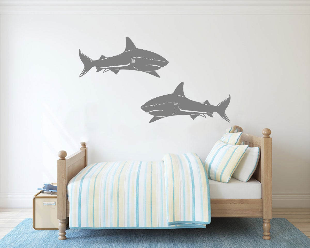 Great White Sharks Pair Silhouette Vinyl Home Decor Wall Decal 