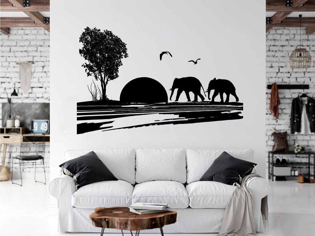 Elephants and Sun Safari Scene Silhouette Vinyl Home Decor Wall Decal 