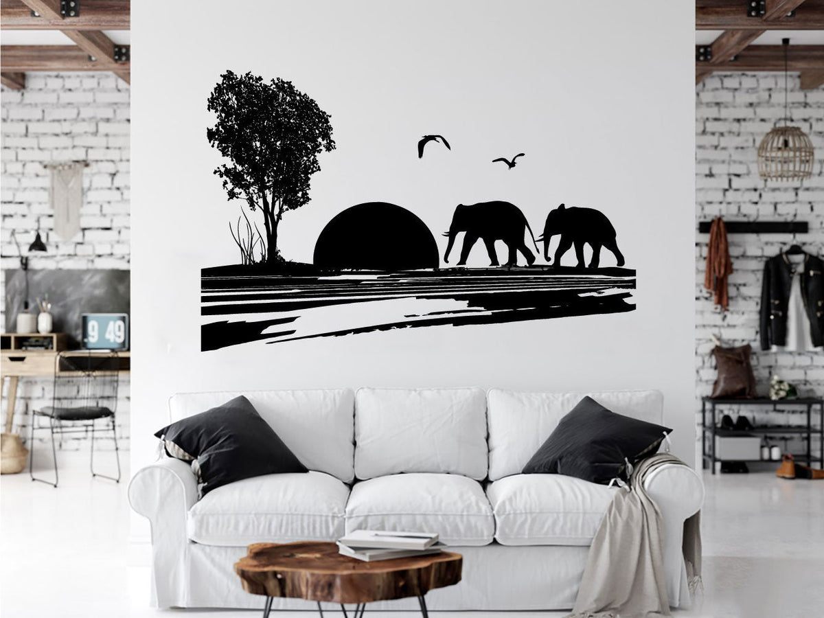 Elephants and Sun Safari Scene Silhouette Vinyl Home Decor Wall Decal 