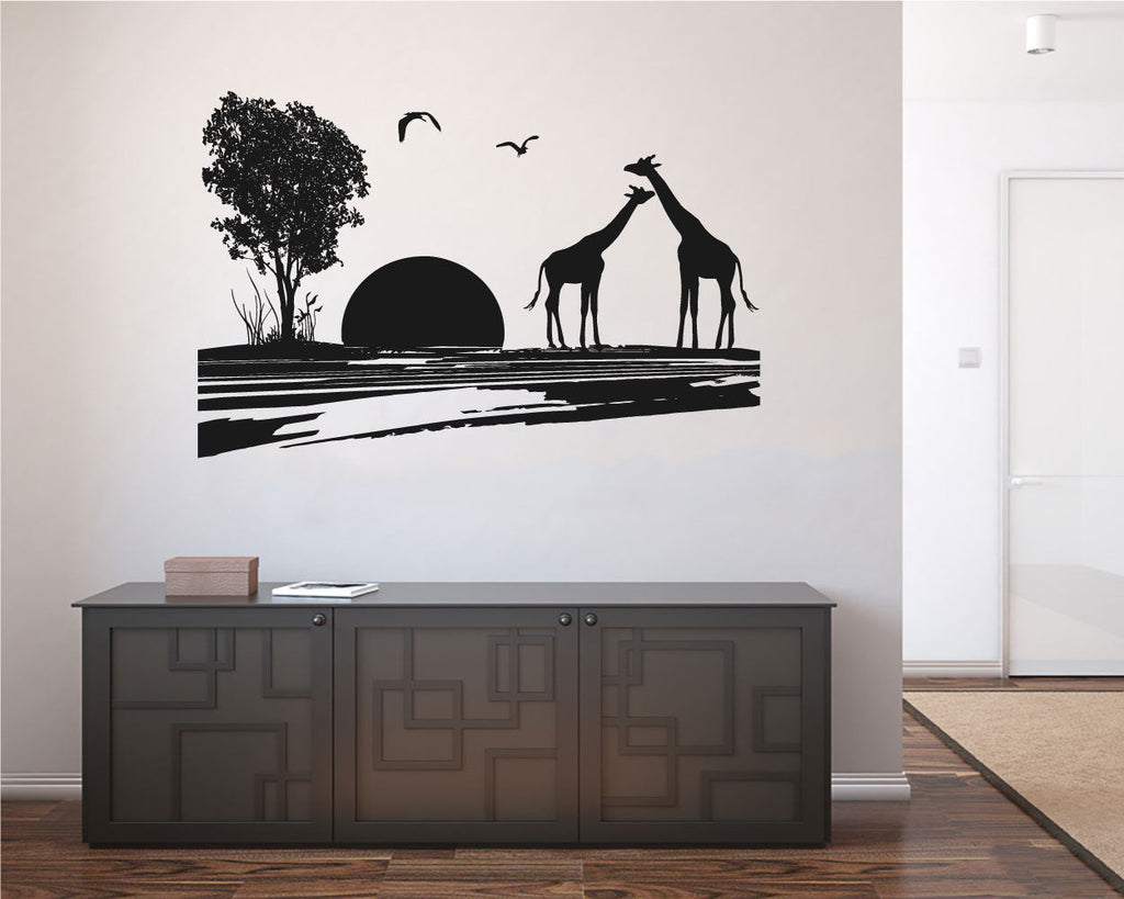 Giraffes and Sun Safari Scene Silhouette Vinyl Home Decor Wall Decal 