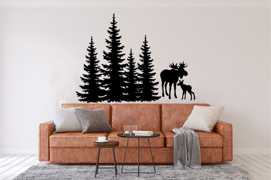 Moose and Calf Pine Evergreen Tree Forest Vinyl Home Decor Wall Decal 