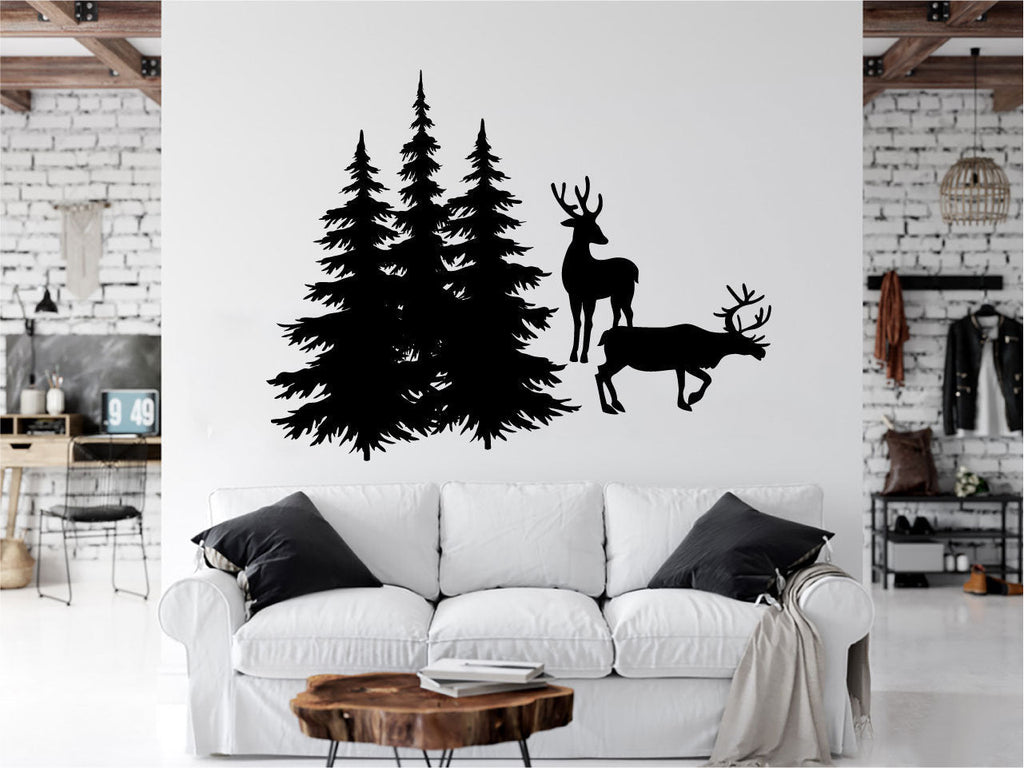 Deer Elk Pine Evergreen Tree Forest Vinyl Home Decor Wall Decal 