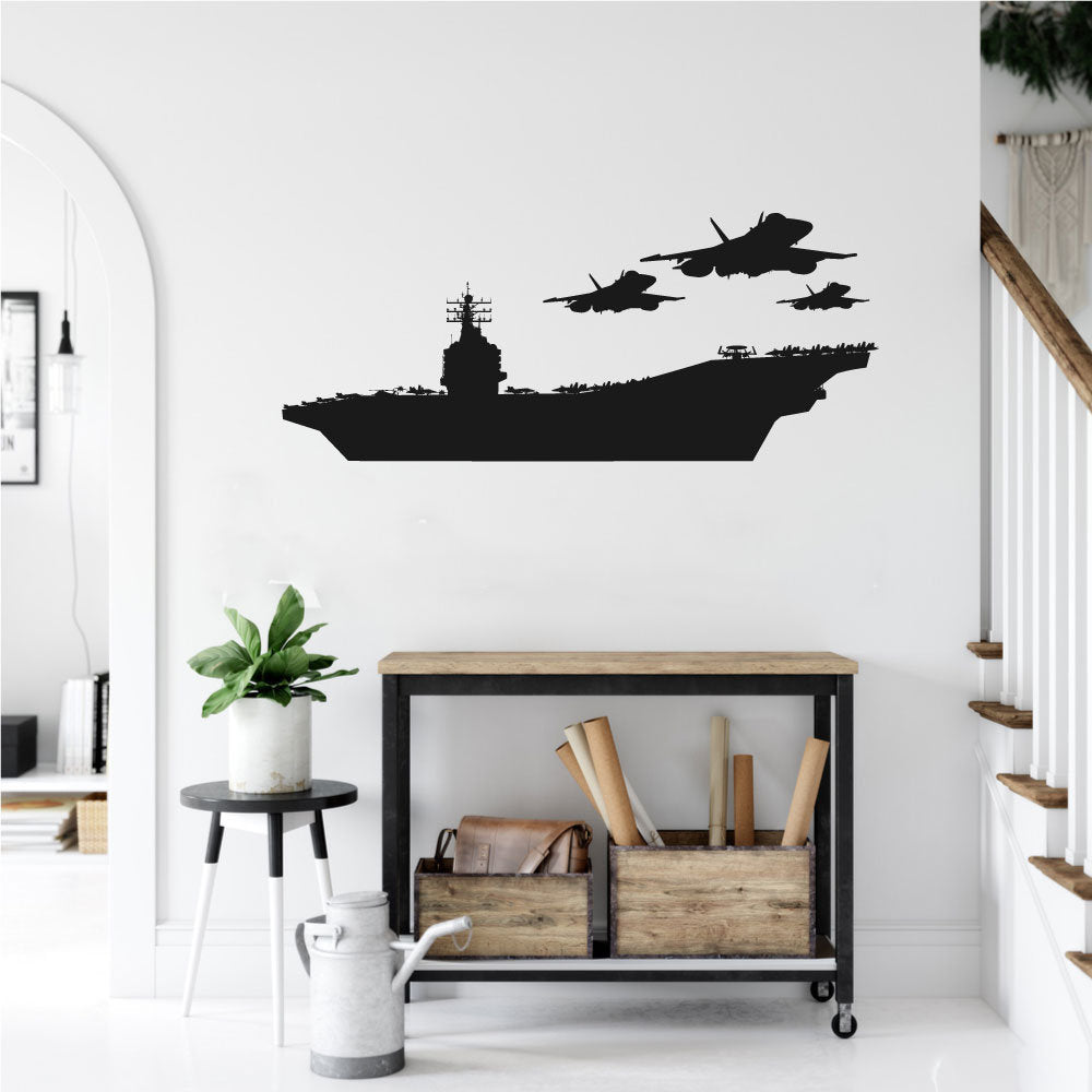 Military Aircraft Carrier Ship and Fighter Jet Airplanes Silhouette Vinyl Home Decor Wall Decal 