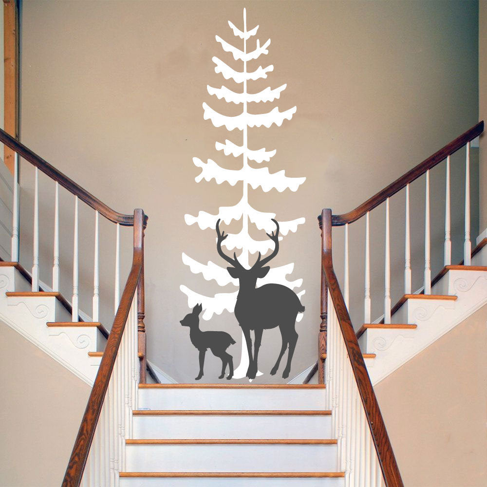 Deer and Spruce Pine Tree Silhouette Vinyl Home Decor Wall Decal 