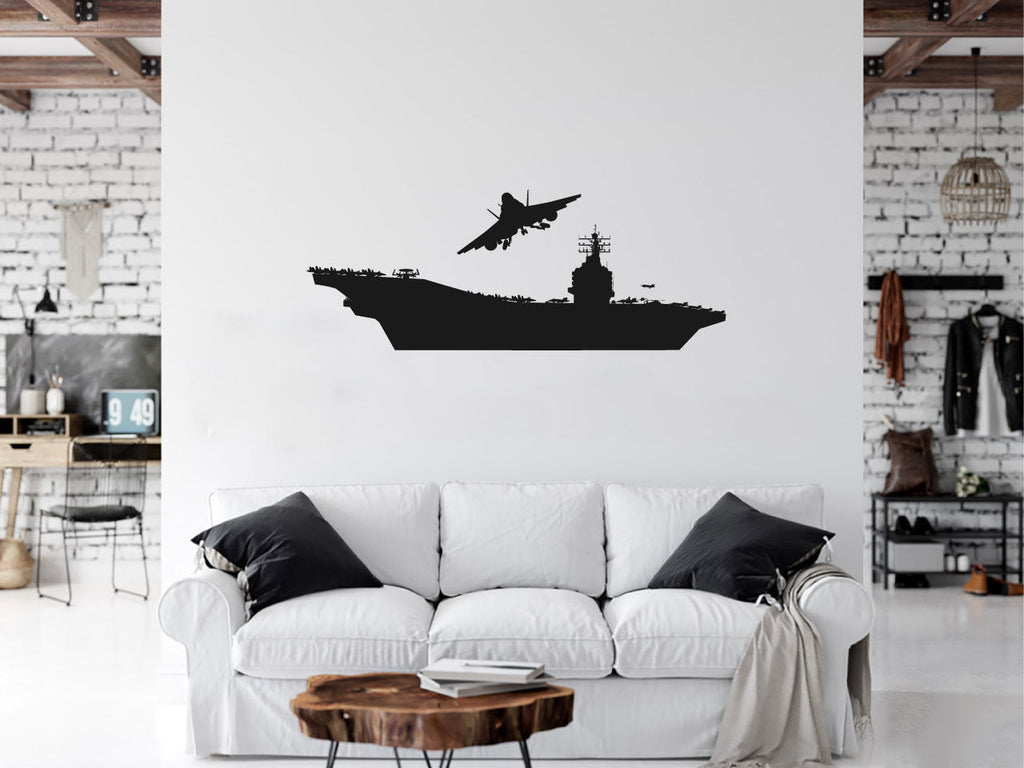Military Aircraft Carrier Ship and Fighter Jet Airplanes Silhouette Vinyl Home Decor Wall Decal 