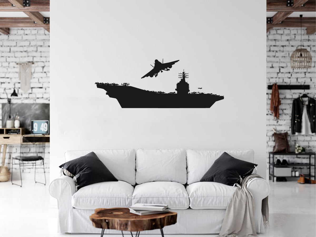 Military Aircraft Carrier Ship and Fighter Jet Airplanes Silhouette Vinyl Home Decor Wall Decal 