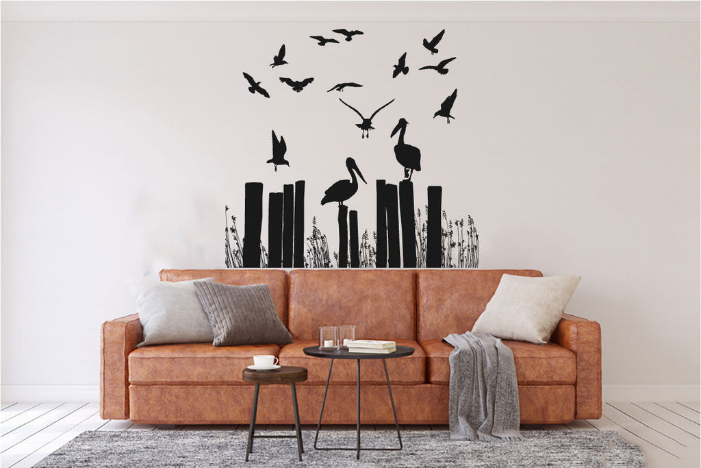 Tropical Pelicans and Seagulls on Posts Marshland Coastal Vinyl Home Decor Wall Decal 