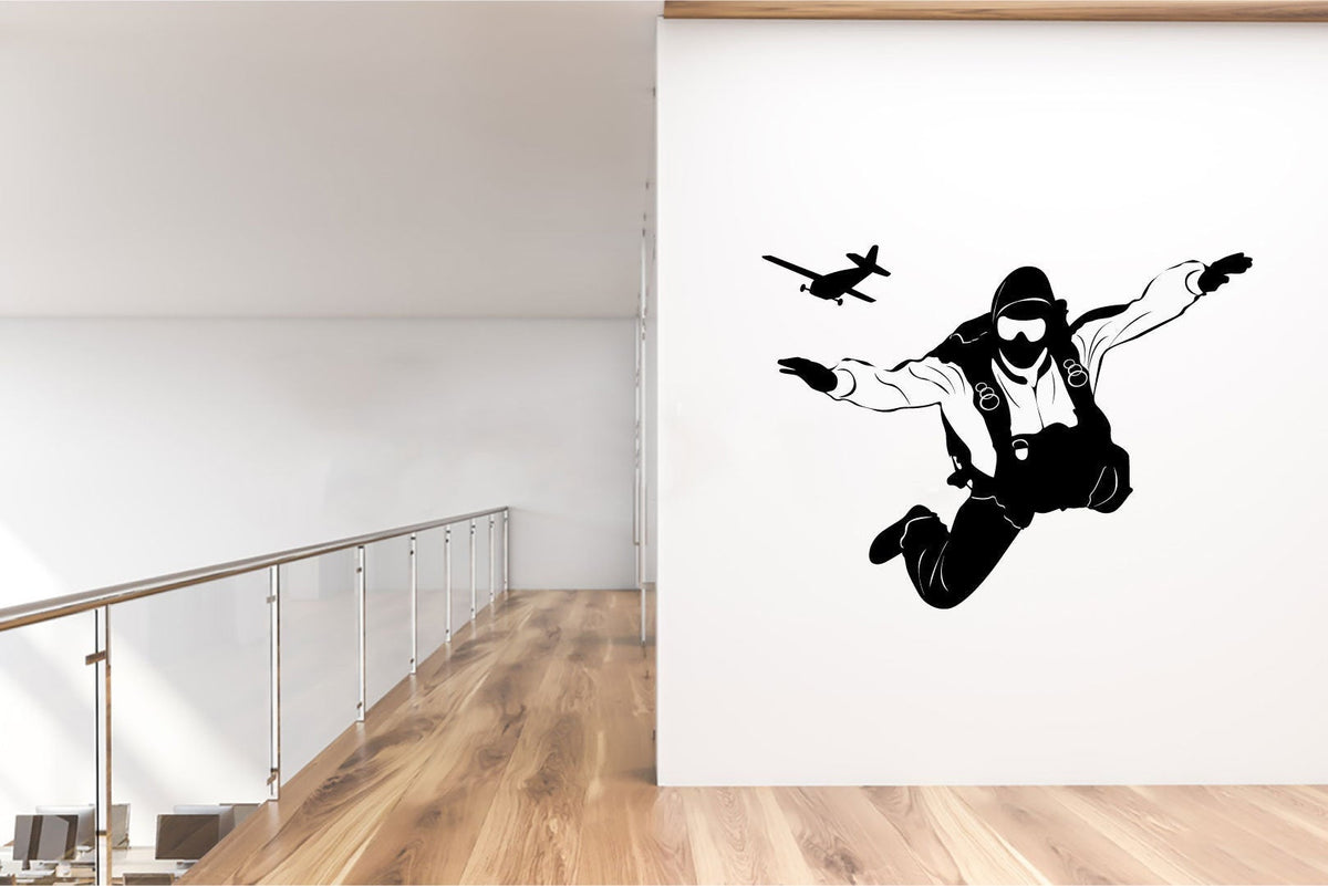 Skydiver and Airplane Silhouette Vinyl Home Decor Wall Decal 