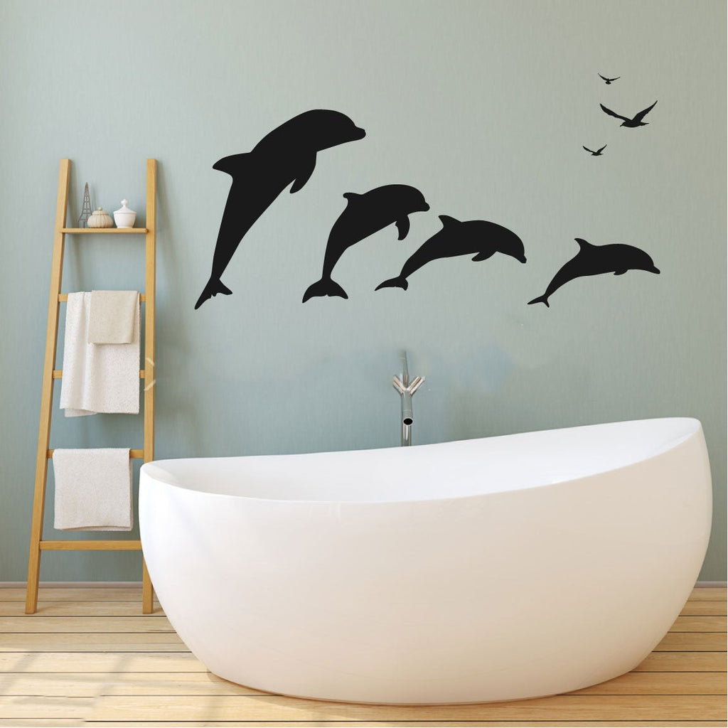 Dolphins and Seagulls Silhouette Vinyl Coastal Home Decor Wall Decal 