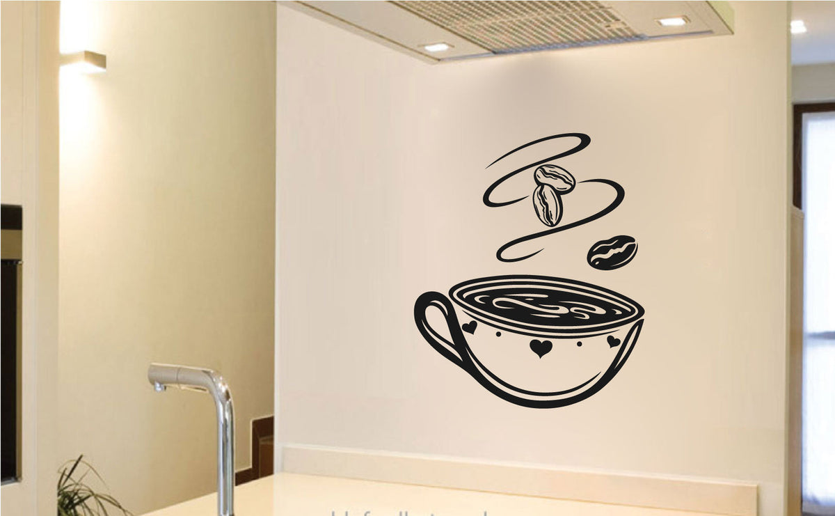 Coffee Cup with Beans and Swirls Kitchen Vinyl Home Decor Wall Decal 