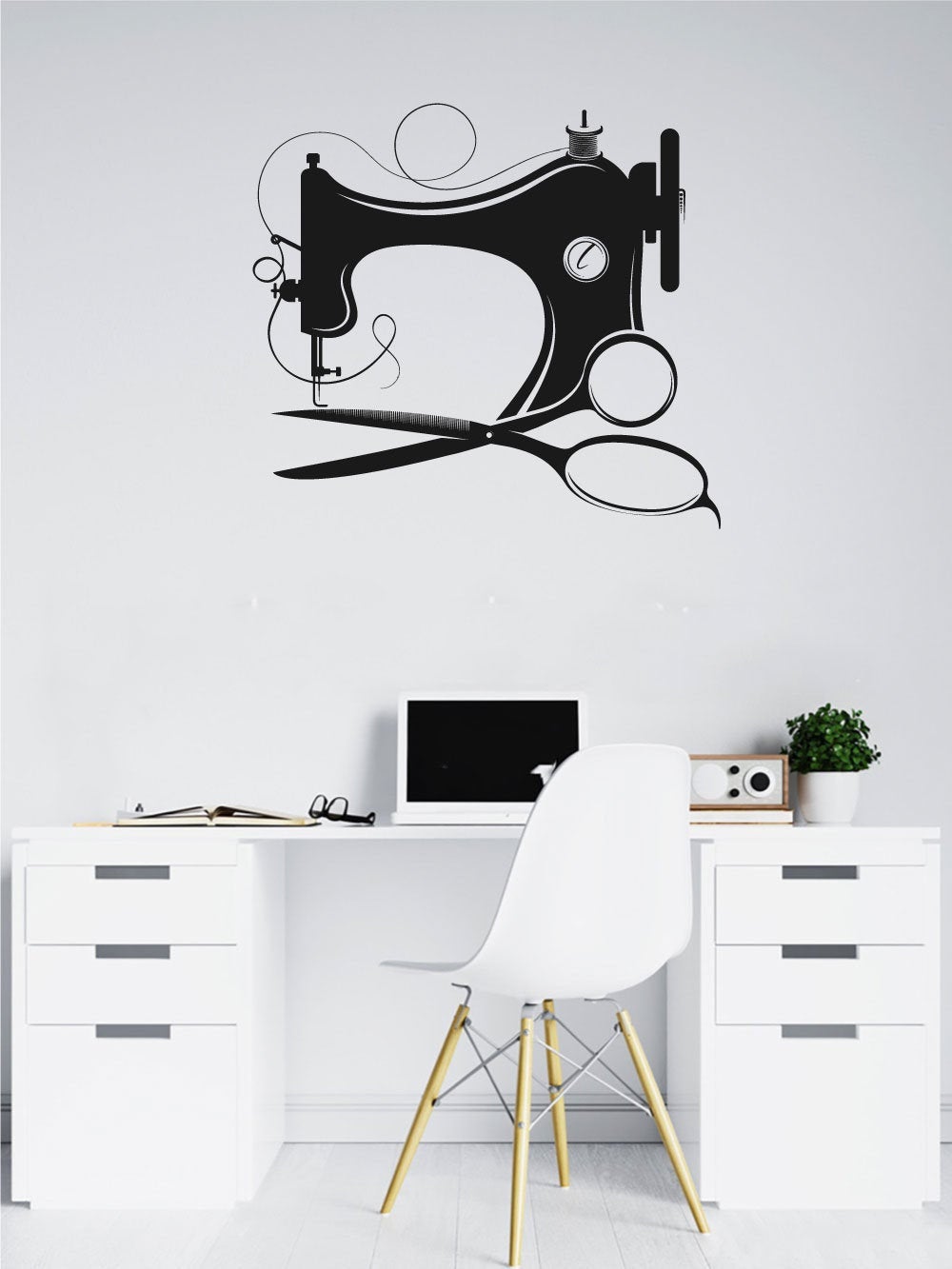 Sewing Machine and Scissors Silhouette Vinyl Home Decor Wall Decal Words 