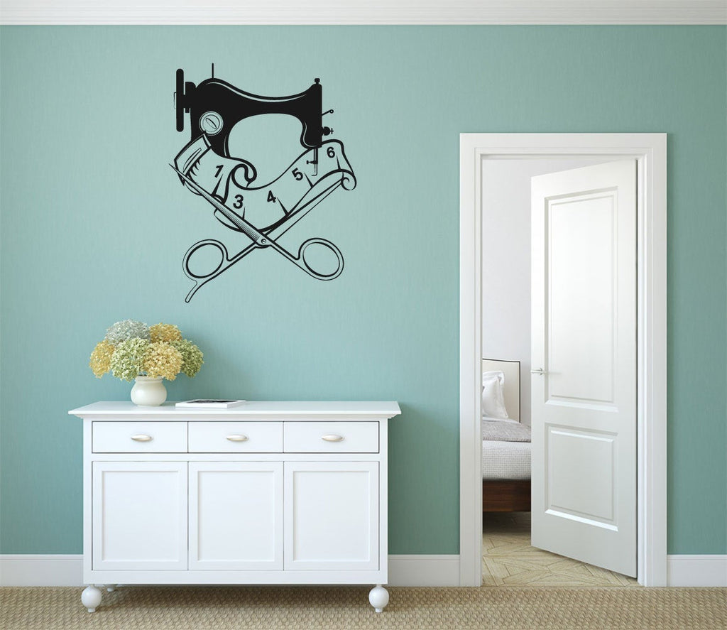 Sewing Machine Scissors and Tape Measure Silhouette Vinyl Home Decor Wall Decal Words 