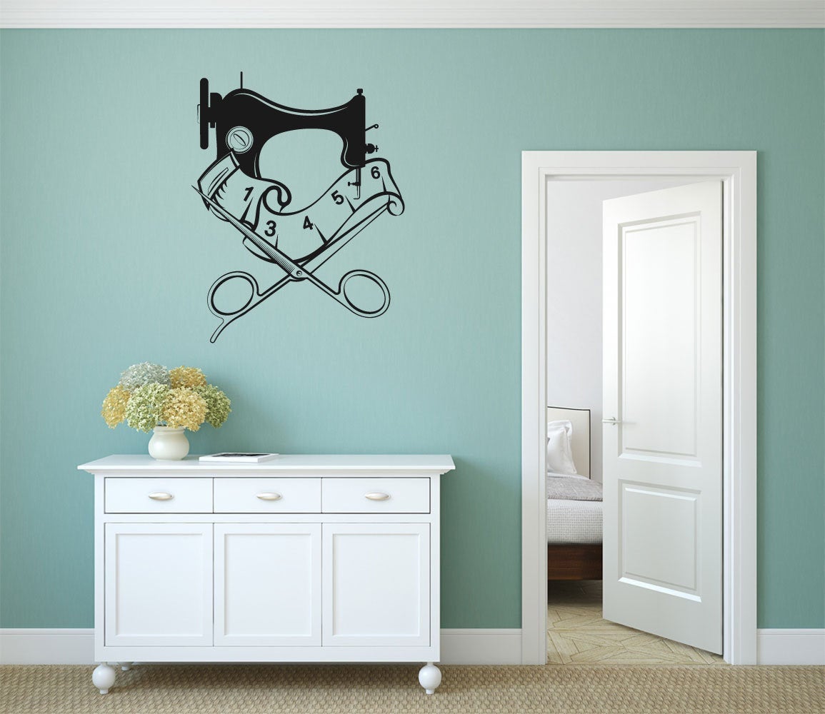 Sewing Machine Scissors and Tape Measure Silhouette Vinyl Home Decor Wall Decal Words 