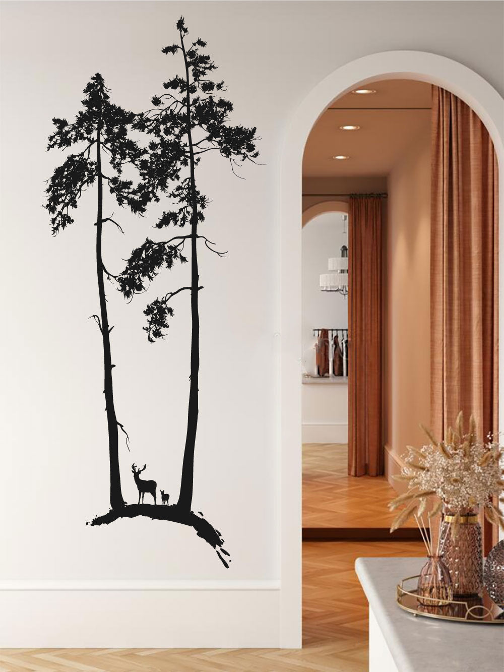 Tall Tree Forest with Deer Silhouette Vinyl Home decor Wall Decal 