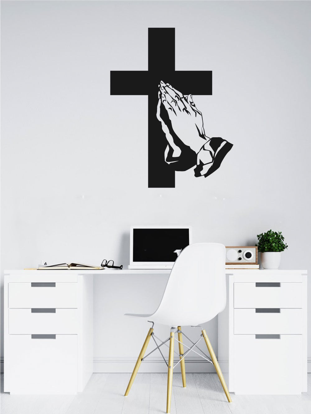Cross and Hands in Prayer Vinyl Home Decor Wall Decal 