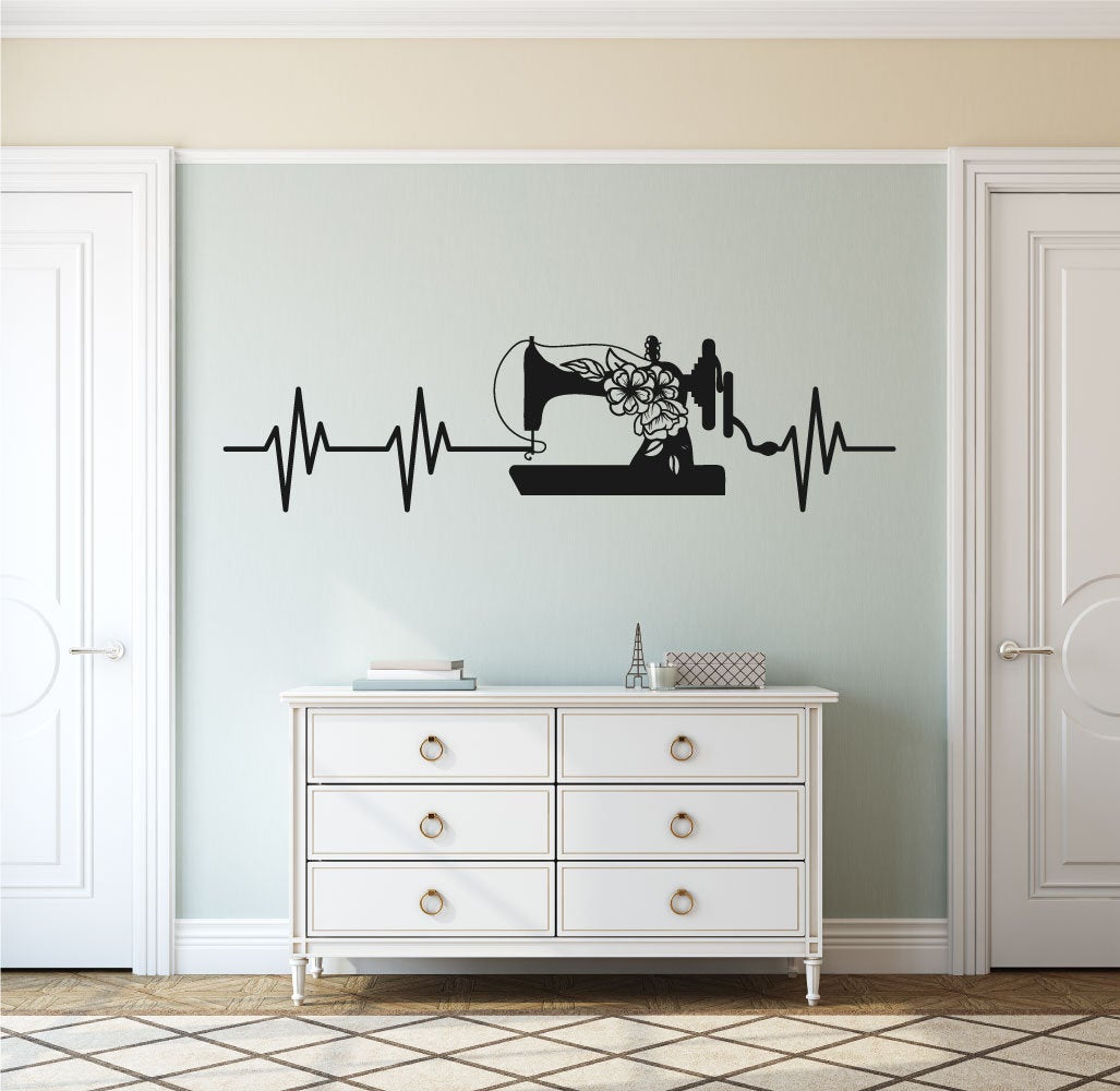 Sewing Machine Heartbeat Silhouette Vinyl Home Decor Wall Decal Words 