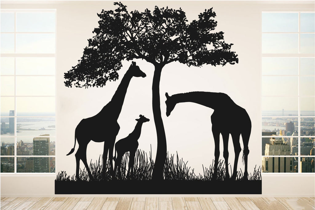 Giraffe Silhouettes with Tree and Grass Vinyl Home Decor Wall Decal 