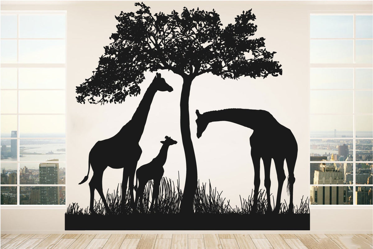 Giraffe Silhouettes with Tree and Grass Vinyl Home Decor Wall Decal 