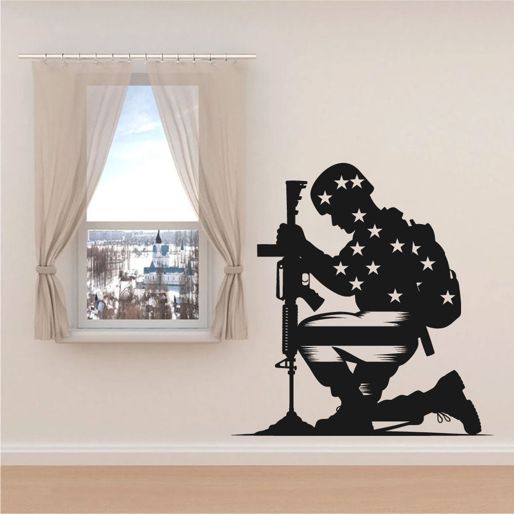 Kneeling Soldier Stars and Stripes Flag Military Vinyl Wall Decal