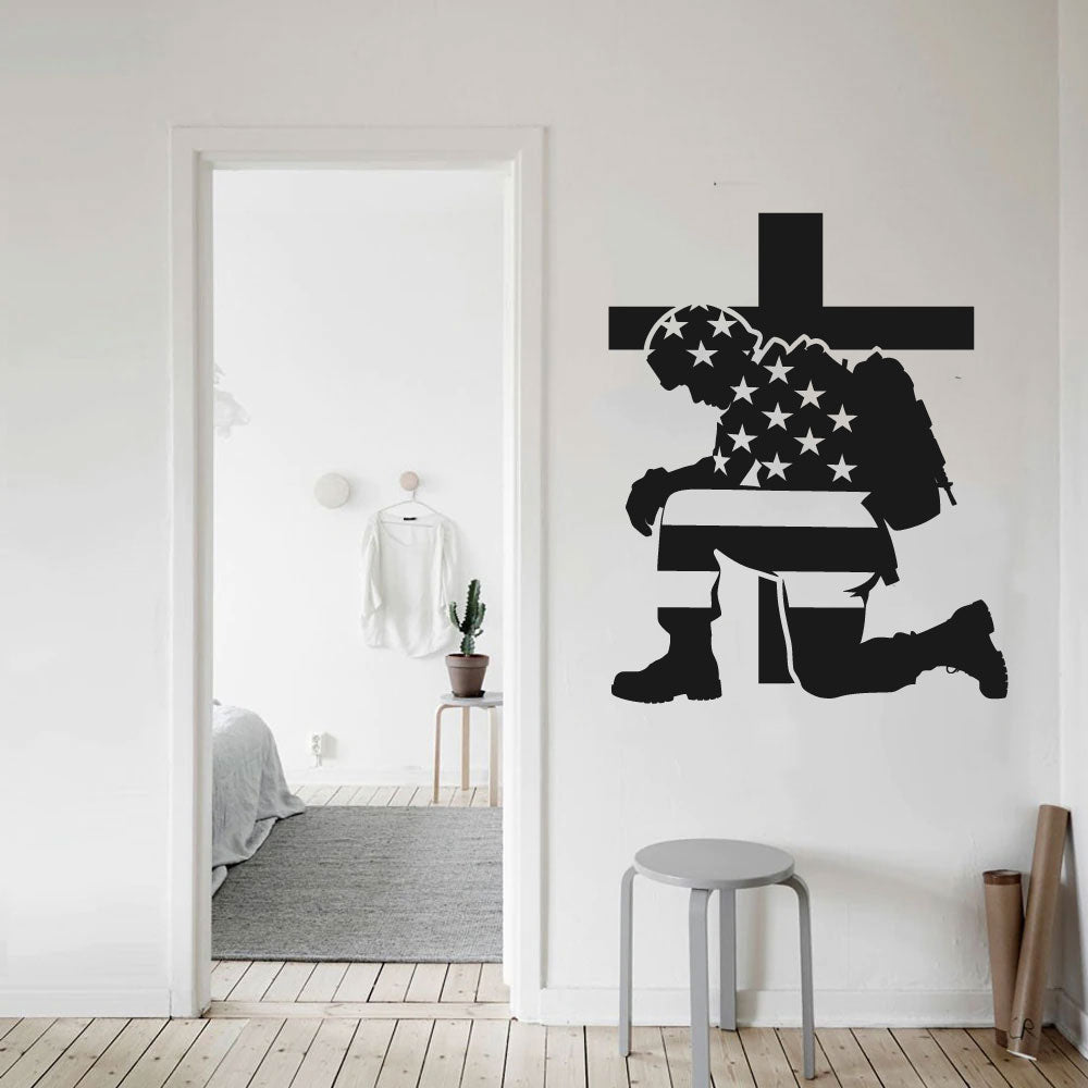 Kneeling Soldier Stars and Stripes Flag Military Vinyl Wall Decal