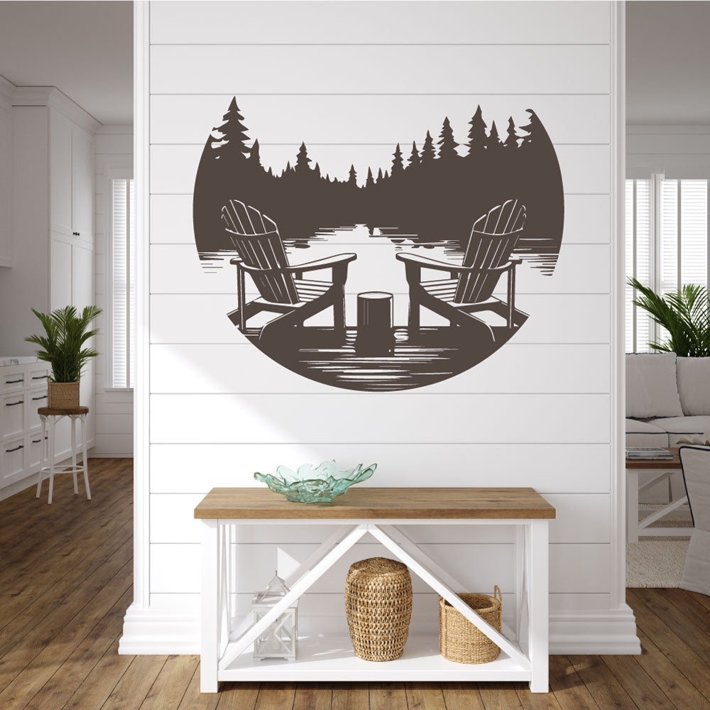 Lake Chairs and Pine Tree Forest Silhouette Vinyl Wall Decal