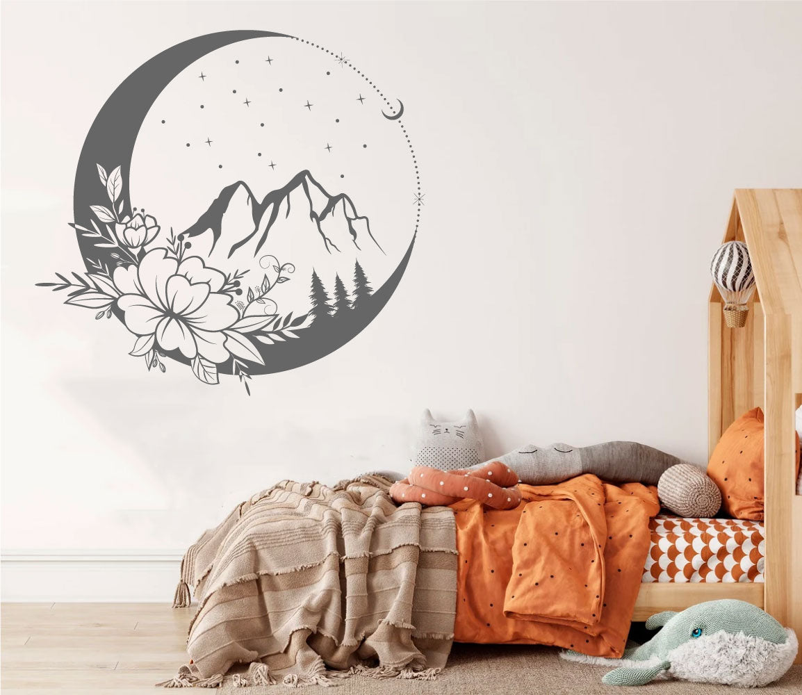Moon Mountains and Flowers Vinyl Wall Decal