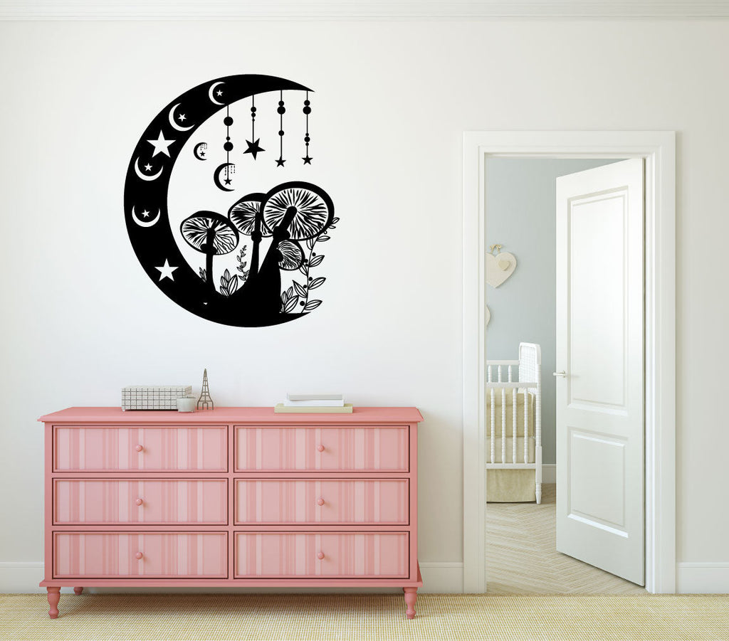 Celestial Moon Stars and Mushrooms Vinyl Wall Decal