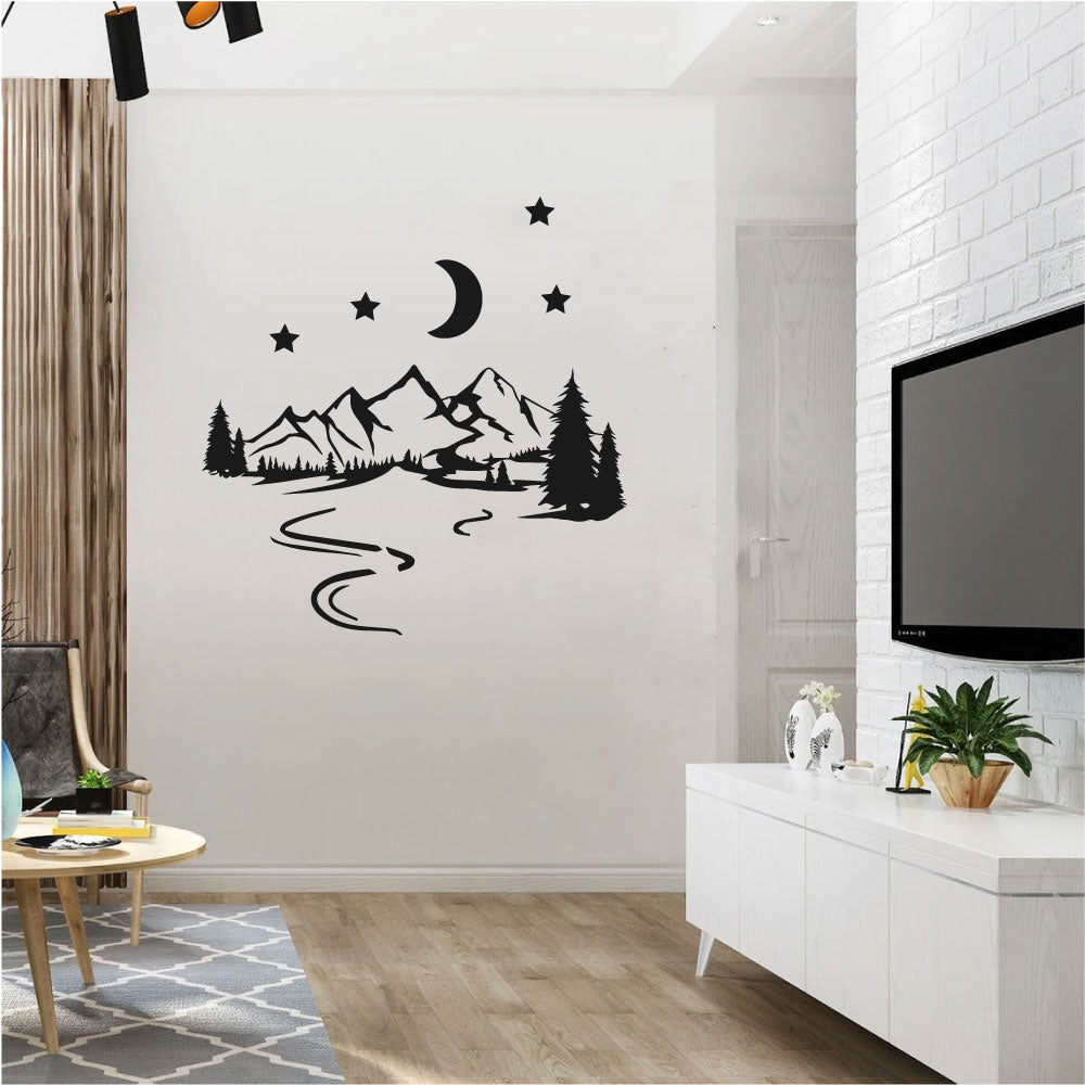 Mountain Range with Moon and Pine Trees Vinyl Wall Decal