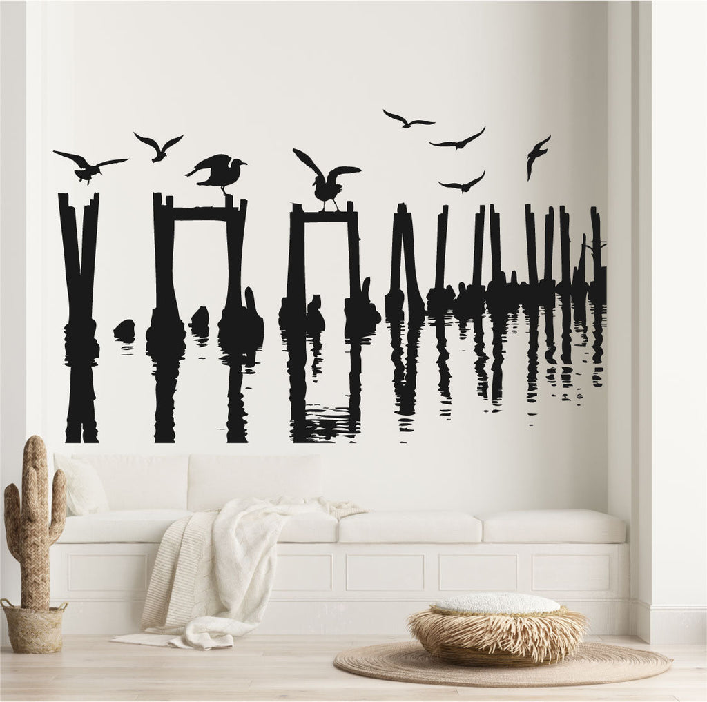 Ocean Pier Posts and Seagulls Vinyl Home Décor Wall Decal 