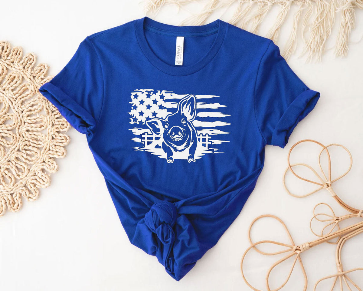 Pig American Flag Stars and Stripes Crew Neck T-Shirt