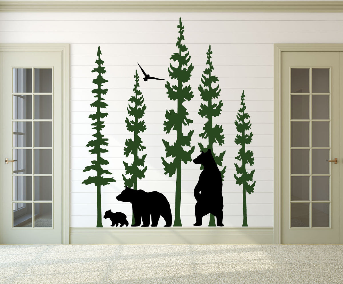 Pine Trees Forest and Bears Vinyl Wall Decal