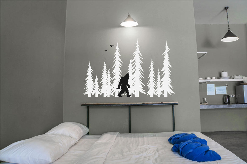 Bigfoot and Fir Pine Trees Silhouette Vinyl Wall Decal