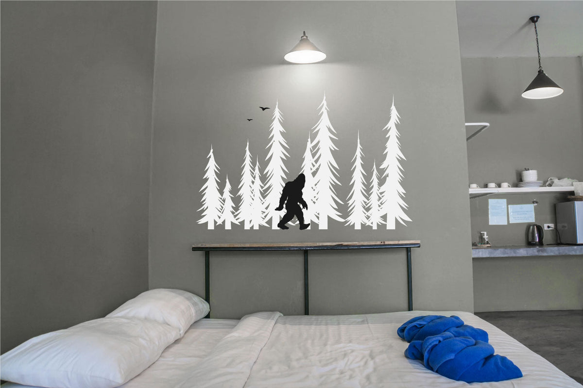 Bigfoot and Fir Pine Trees Silhouette Vinyl Wall Decal