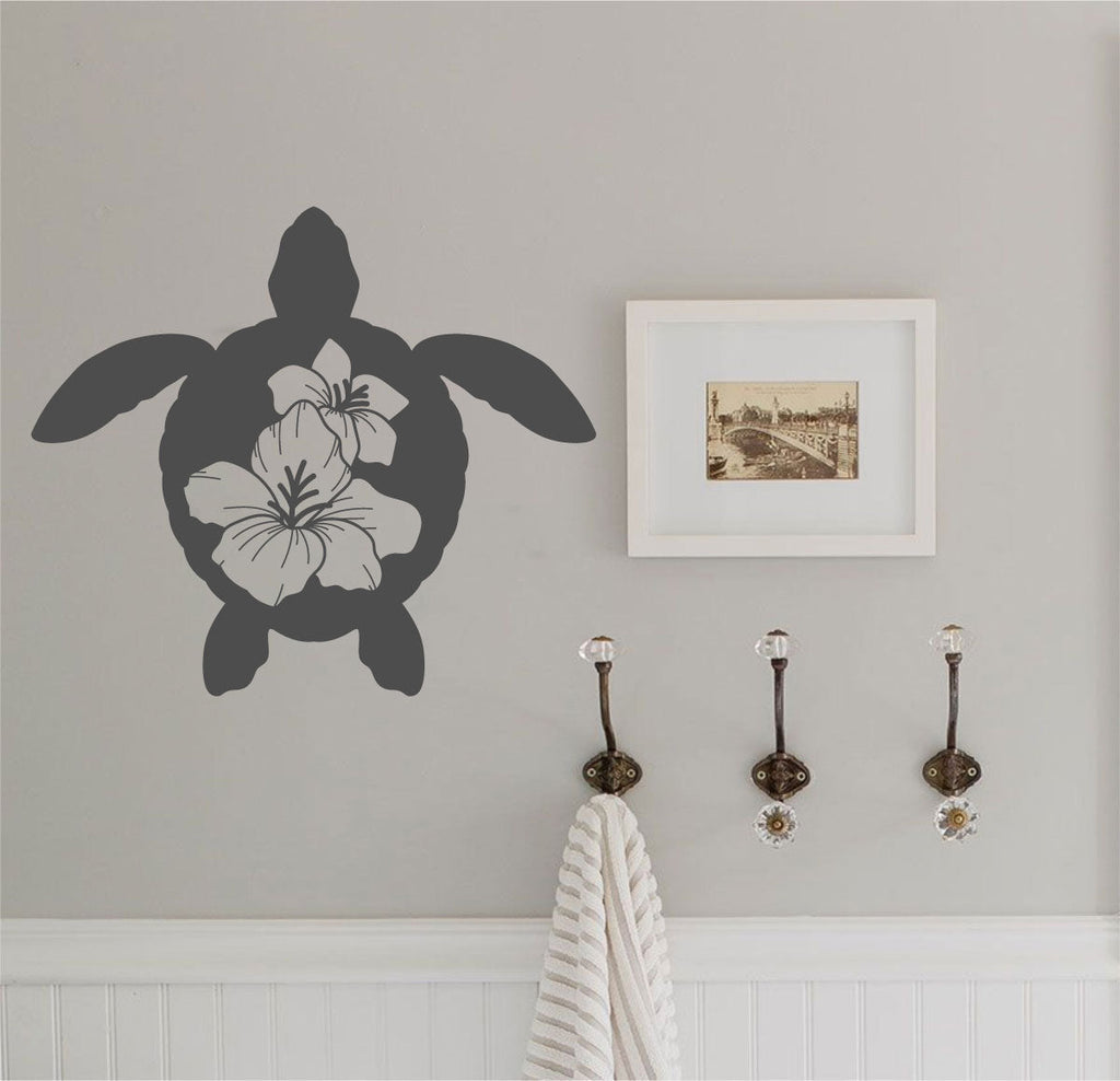 Ocean Sea Turtle Hibiscus Flowers Vinyl Home Décor Wall Decal 