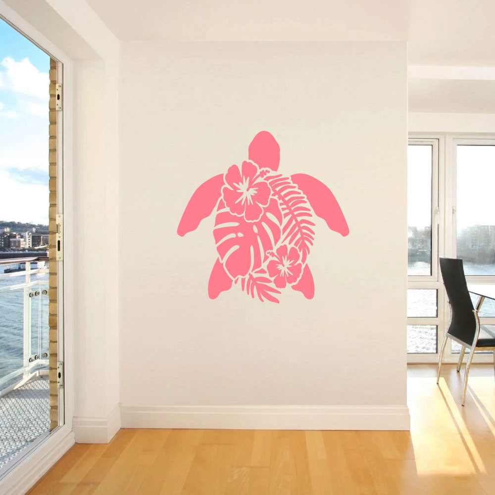 Ocean Sea Turtle Hibiscus Flowers Vinyl Home Décor Wall Decal 