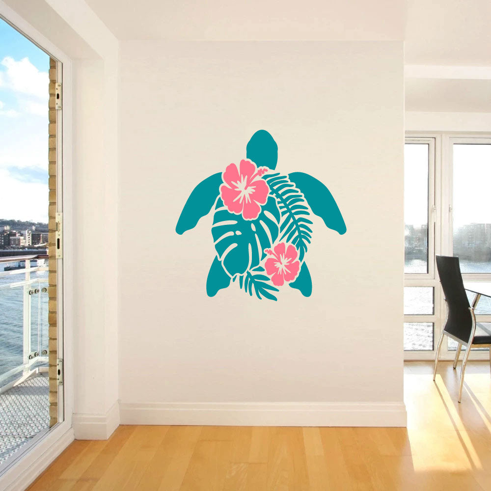 Ocean Sea Turtle Hibiscus Flowers Vinyl Home Décor Wall Decal 