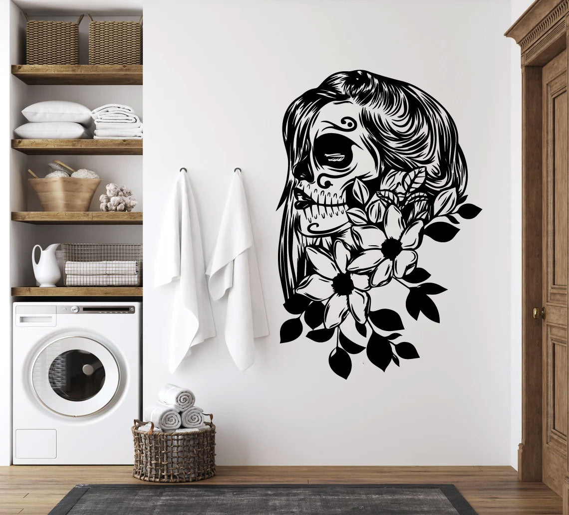 Sugar Skull Girl and Flowers Vinyl Wall Decal