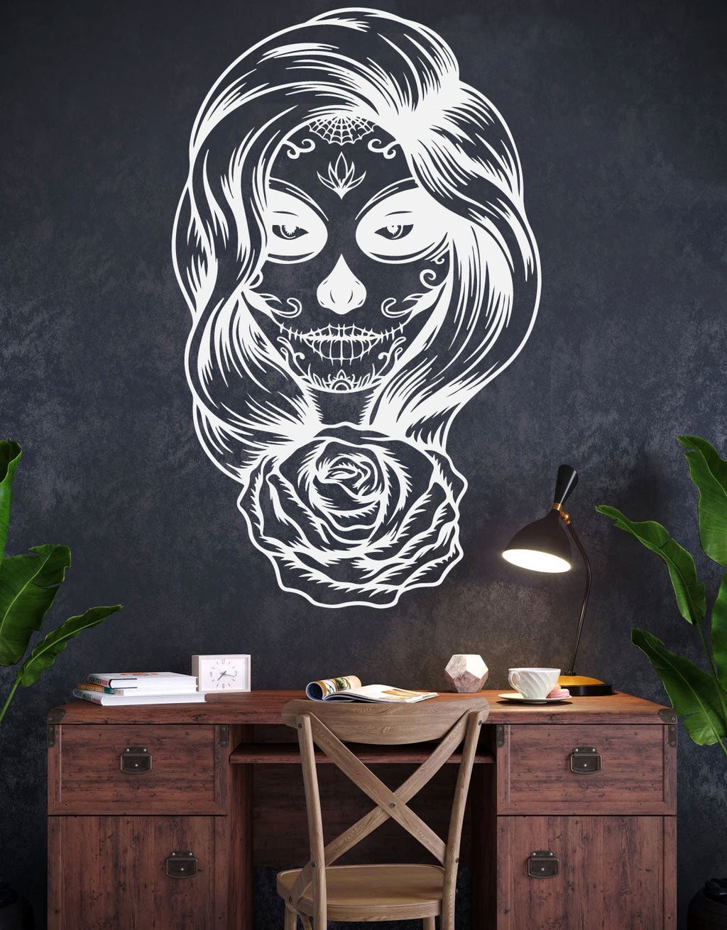Sugar Skull Girl and Rose Vinyl Wall Decal