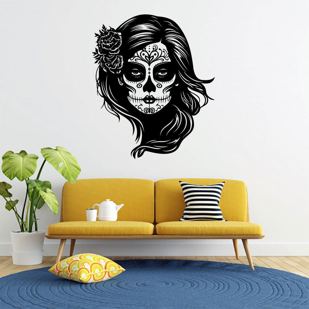 Sugar Skull Girl and Flower Vinyl Wall Decal