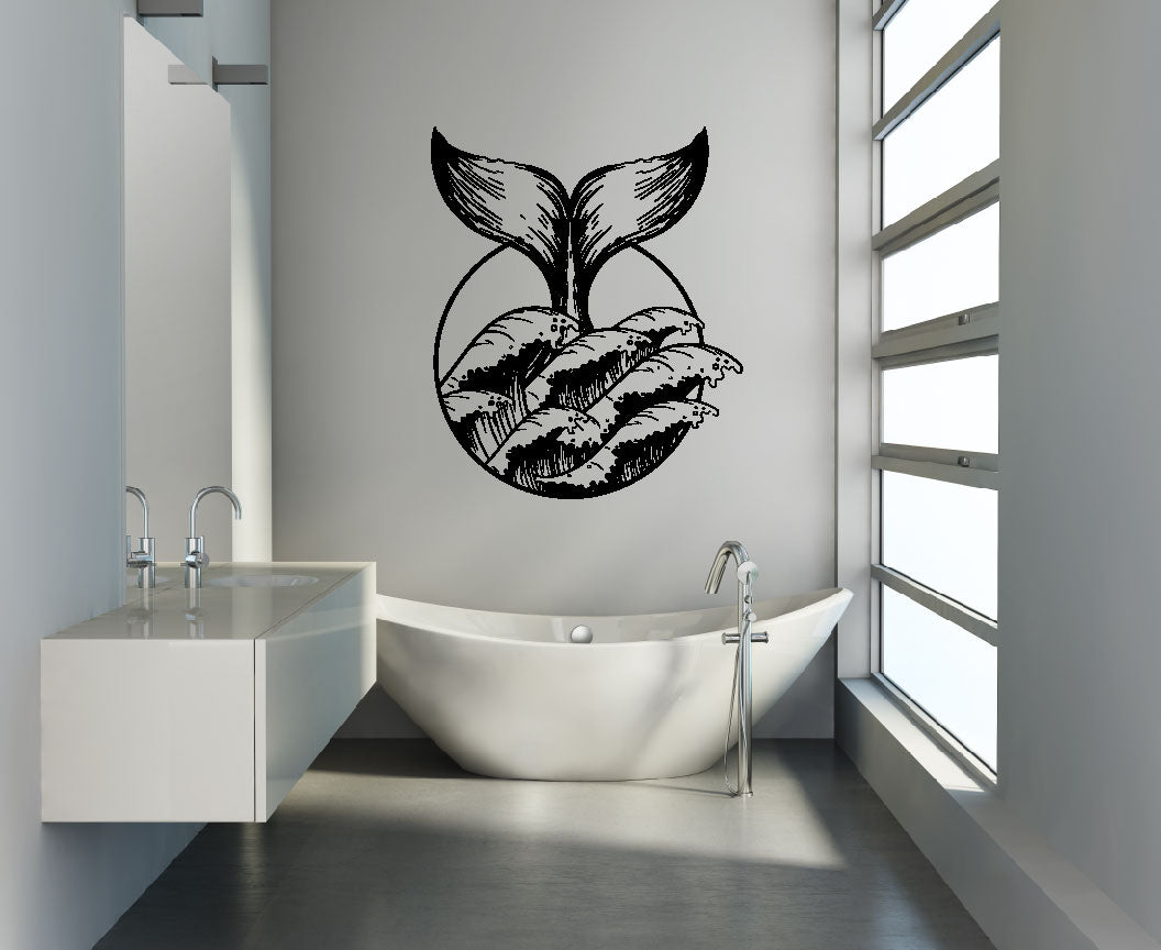 Whale Tail and Waves Silhouette Vinyl Wall Decal