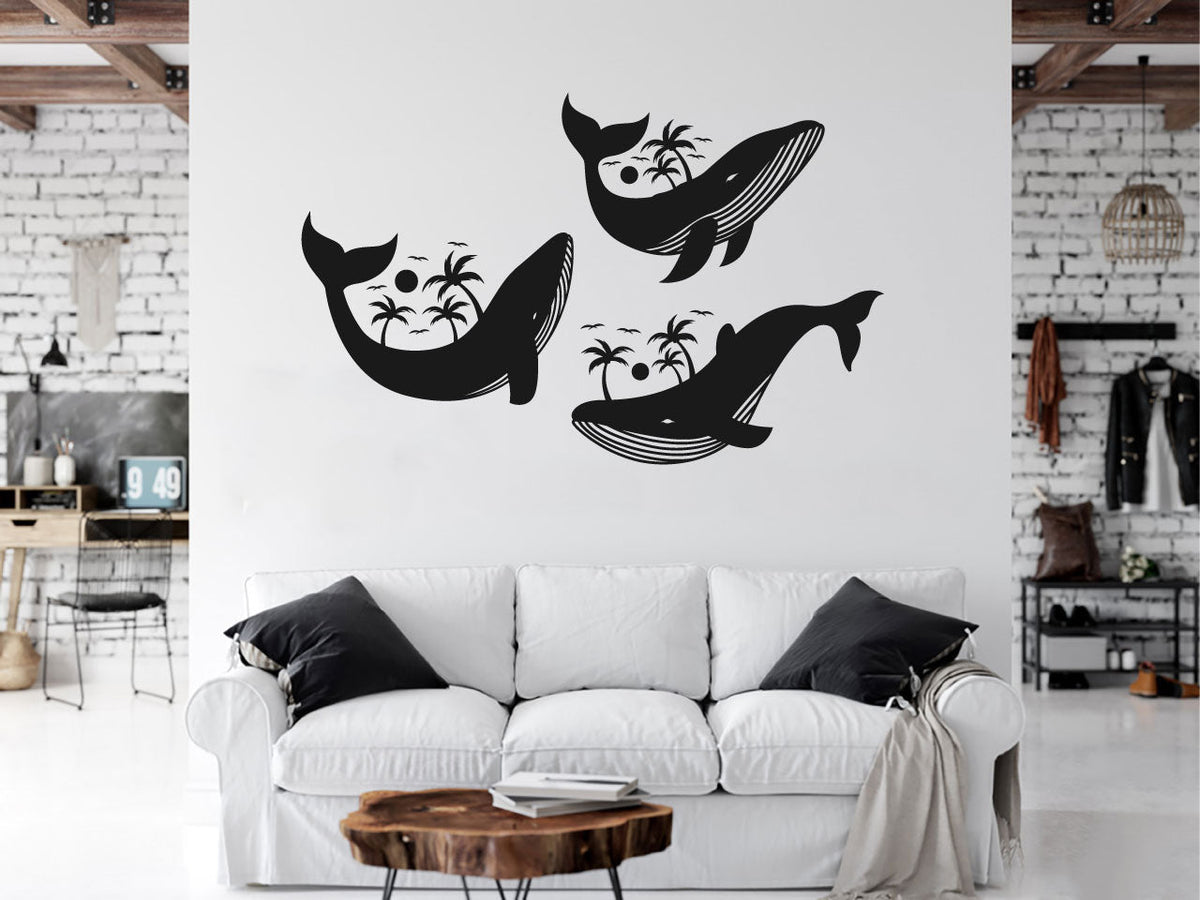 Tropical Whale with Palm Trees Vinyl Wall Decal
