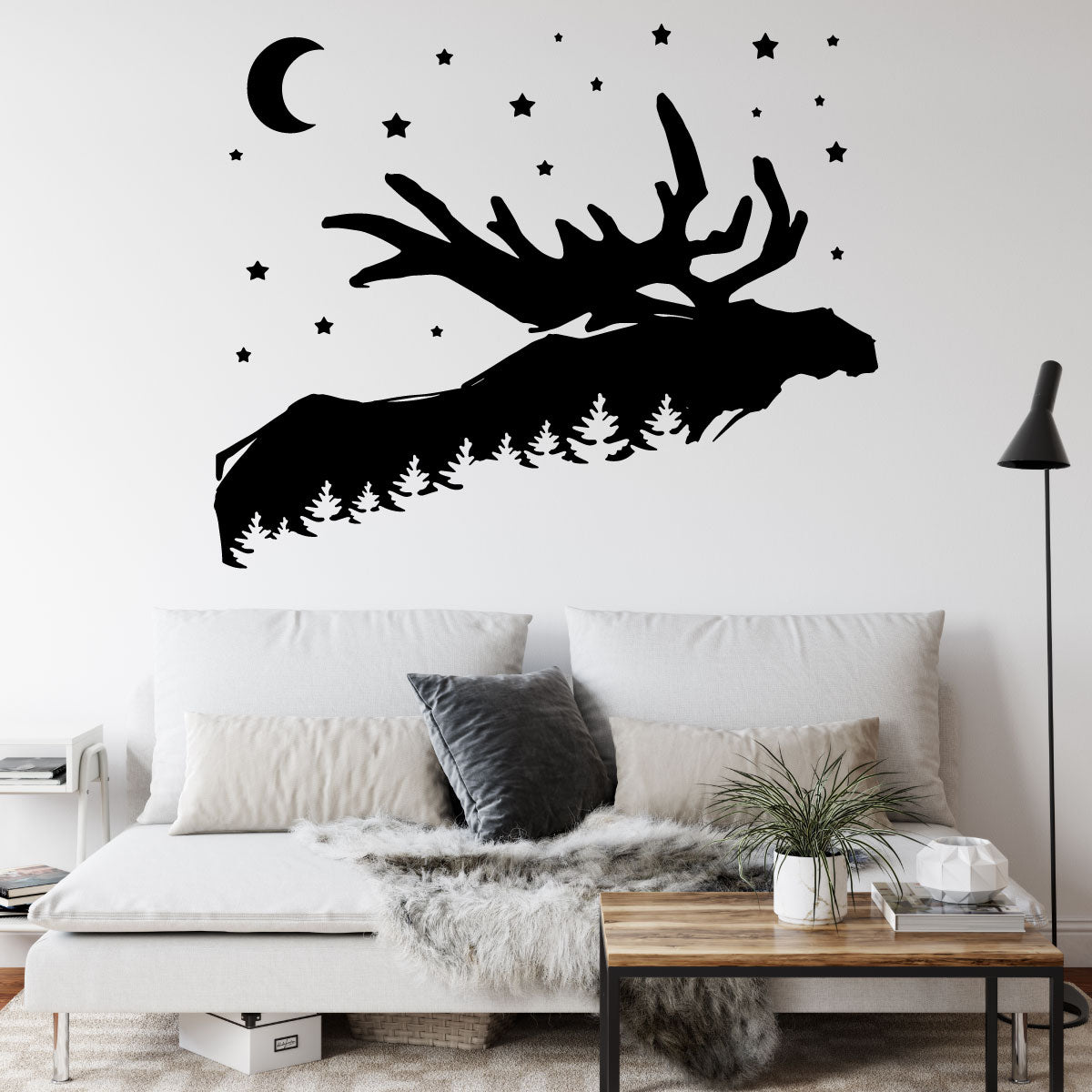 Wild Moose and Forest with Moon and Stars Vinyl Wall Decal