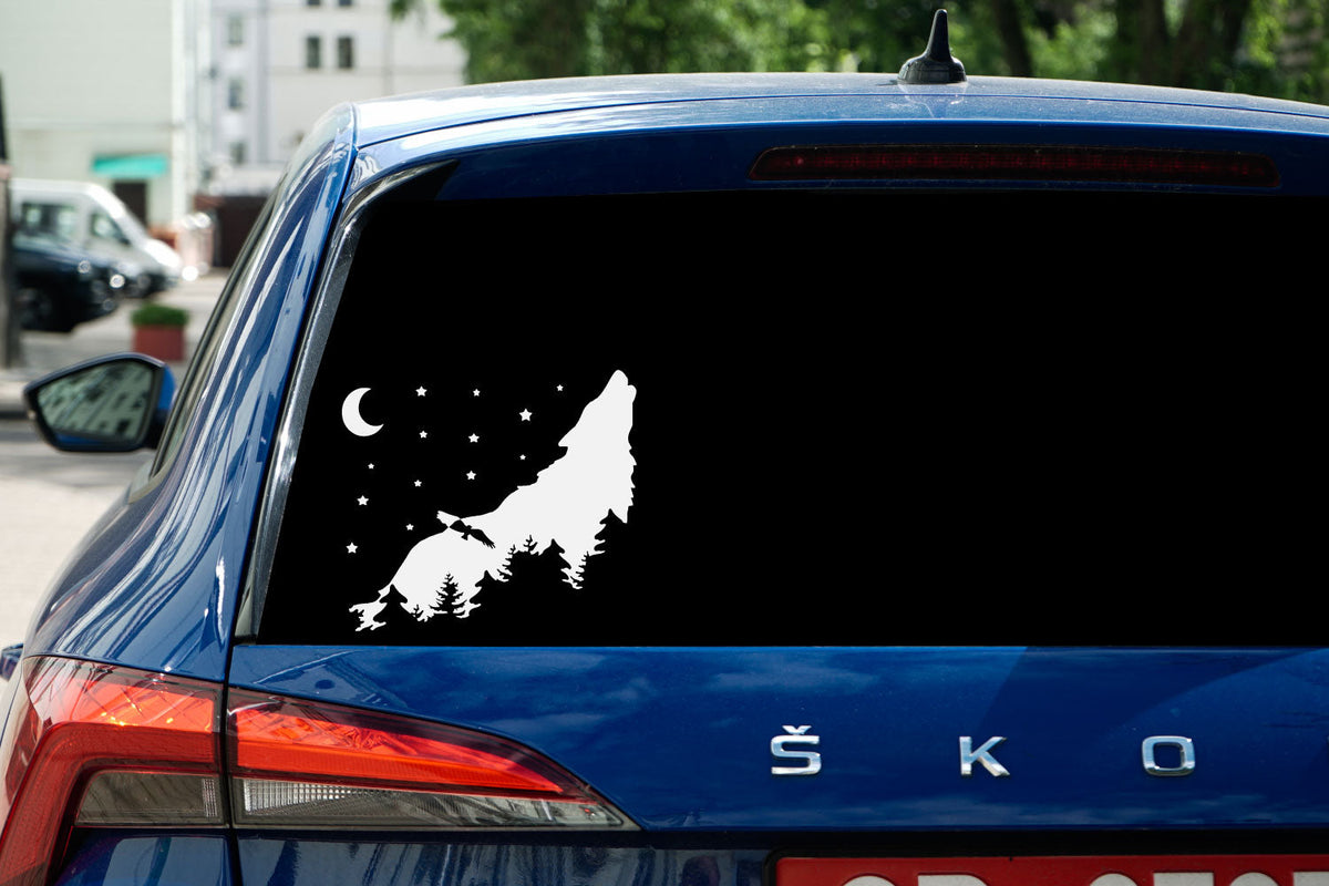 Wolf Howling at the Moon with Stars and Forest Vinyl Wall Decal