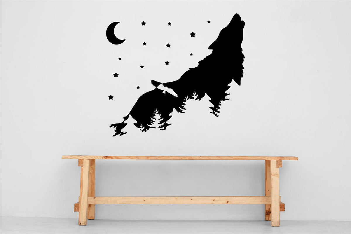 Wolf Howling at the Moon with Stars and Forest Vinyl Wall Decal