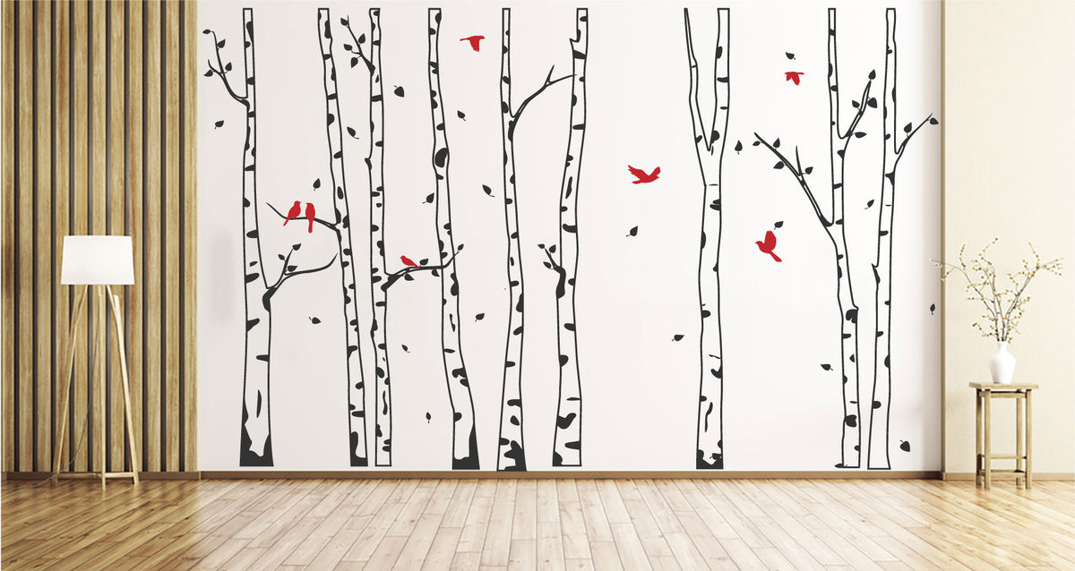 Winter Birch Trees and Birds Vinyl Wall Decal