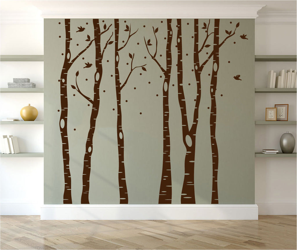 Winter Birch Trees and Birds Vinyl Wall Decal