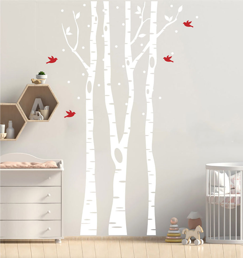 Winter Birch Trees and Birds Vinyl Wall Decal