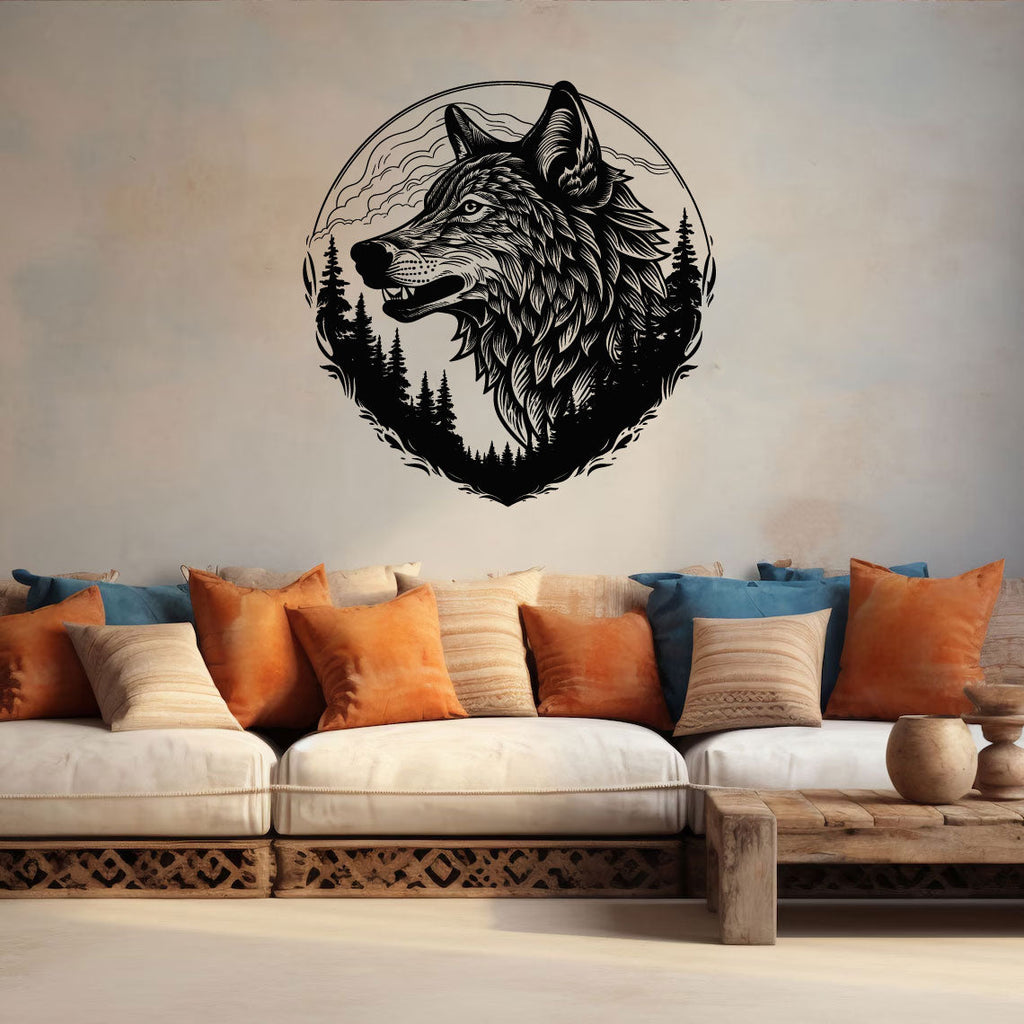 Wolf Head with Moon and Forest Vinyl Wall Decal