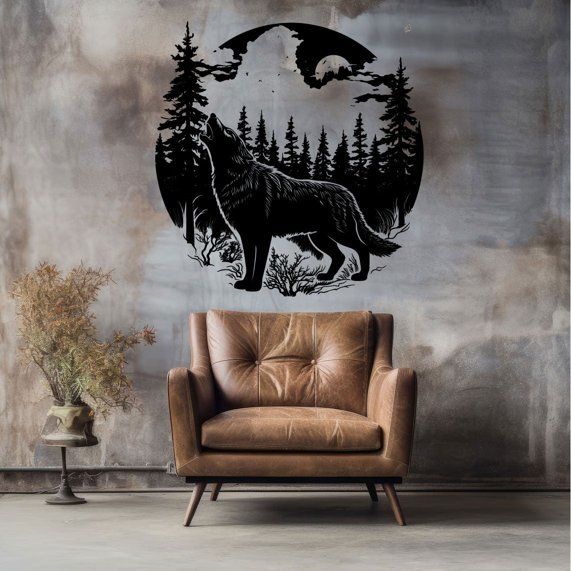 Wolf Howling with Moon and Pine Tree Forest Vinyl Wall Decal